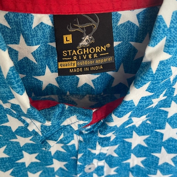 Staghorn River Patriotic Stars Stripes Cotton Button Down Short Sleeve Men’s L - Picture 5 of 8